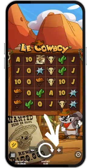Le Cowboy-spillets grænseflade med 6x5-gitter, spin-knap og indsatskontroller nederst på skærmen