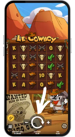 Le Cowboy Spieloberfläche mit hervorgehobenem runden Spin-Button zum Starten des Spiels
