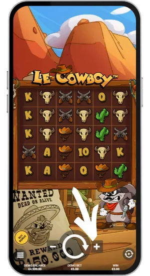 Interfejs slotu Le Cowboy z siatką 6x5, przyciskiem spinu i kontrolą stawki na dole