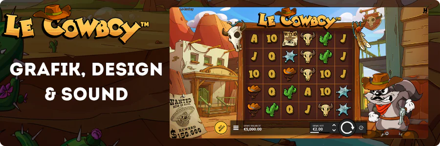 Le Cowboy Spielautomat von Hacksaw Gaming: Comic-Wildwest-Thema mit Waschbär-Cowboy und 6x5-Raster