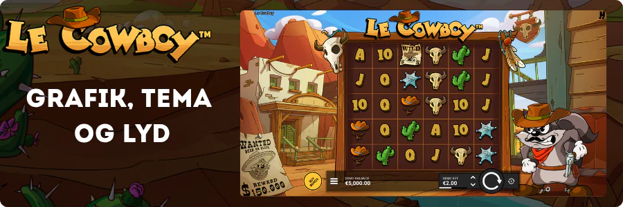 Le Cowboy spilleautomat fra Hacksaw Gaming: tegneserieagtigt Vilde Vesten-tema med vaskebjørn-cowboy og 6x5-gitter
