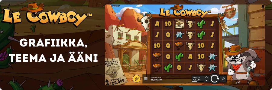 Hacksaw Gamingin Le Cowboy -kolikkopeli: sarjakuvamainen villin lännen teema, pesukarhu-cowboy ja 6x5-ruudukko