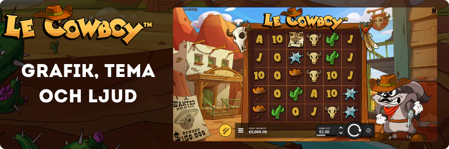 Le Cowboy slot från Hacksaw Gaming: serietecknat Vilda västern-tema med tvättbjörnscowboy och 6x5-rutnät